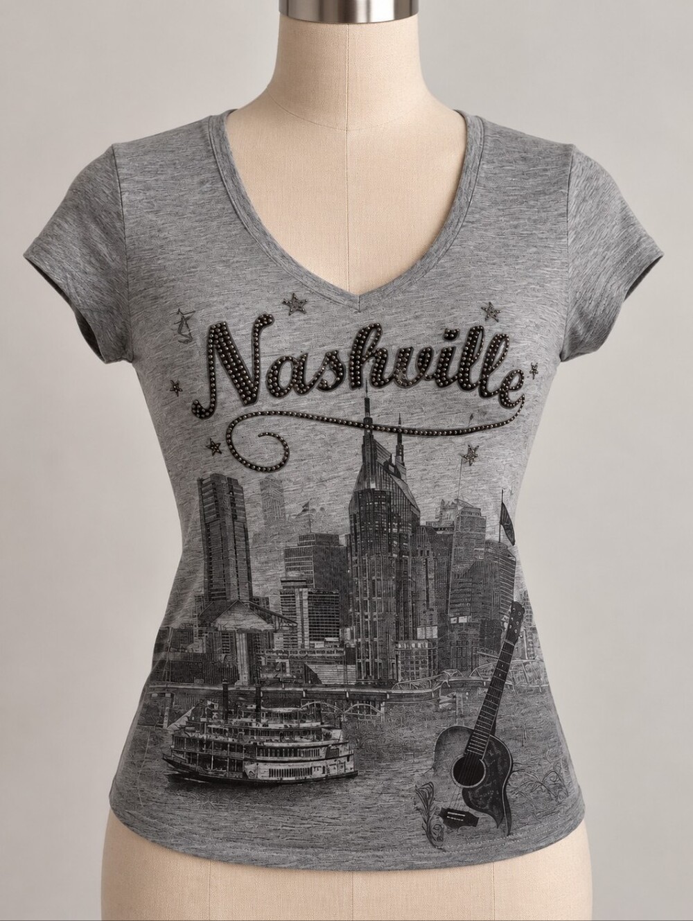 Sweet Gisele New York Nashville Graphic Rhinestone V-Neck T-Shirt Size Small